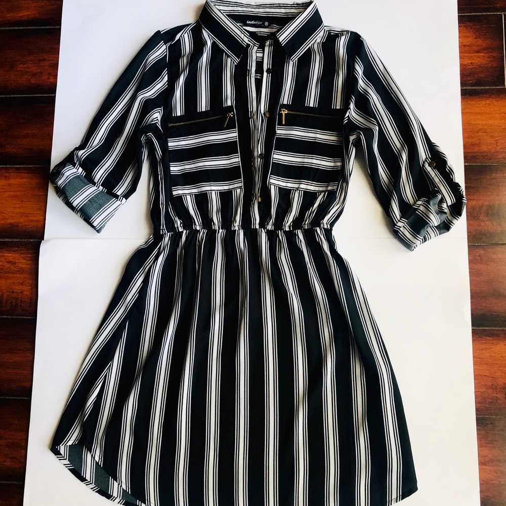 Indulge Collar Cuffed 3/4 Sleeve B&W Mini Dress